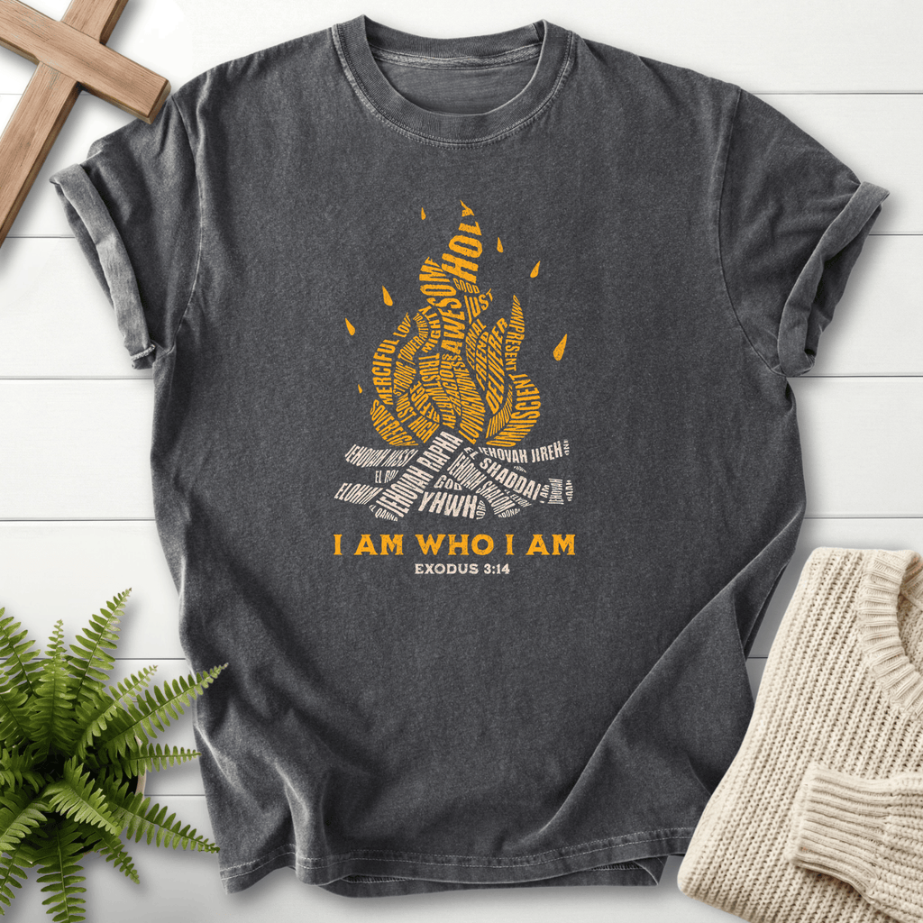 Pepper women's Christian t-shirt with YHWH, Elohim, and Jehovah arranged as a fire illustration, inspired by Exodus 3:14