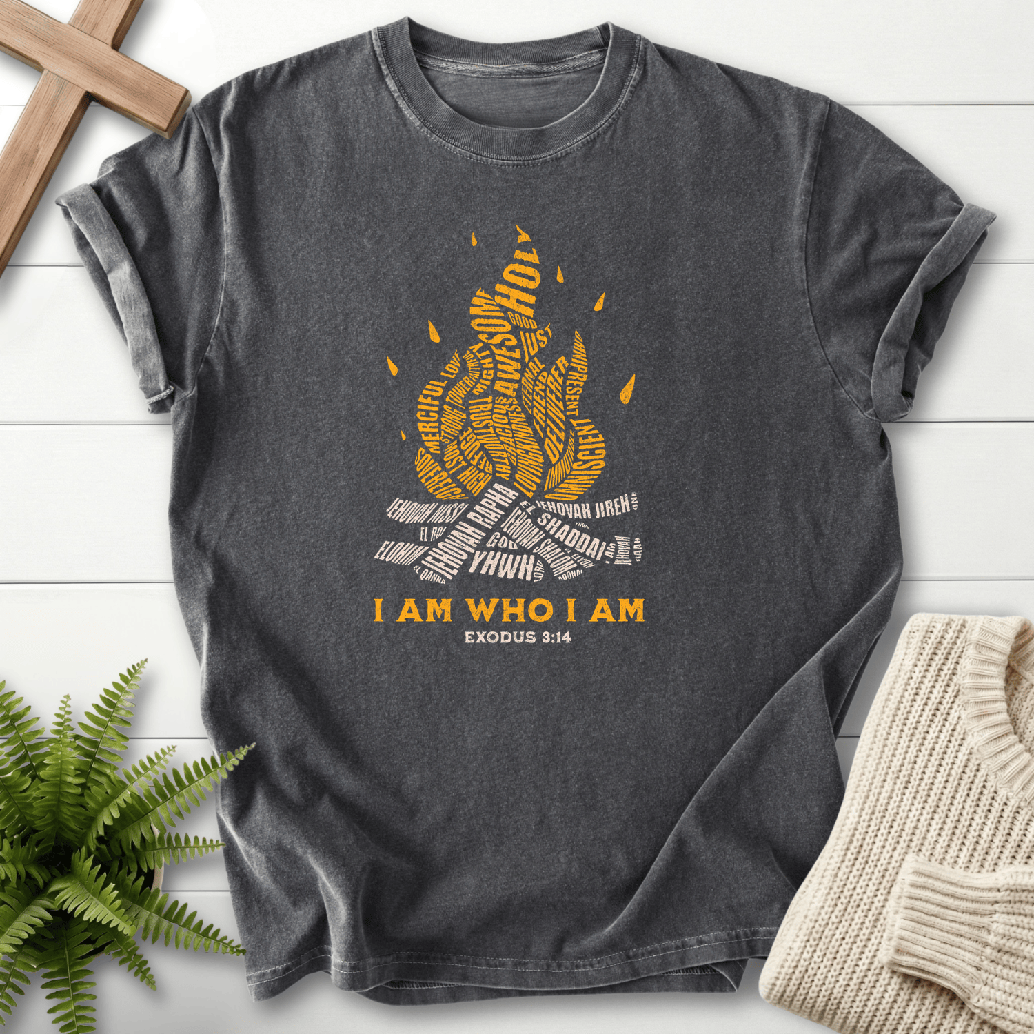 Pepper women's Christian t-shirt with YHWH, Elohim, and Jehovah arranged as a fire illustration, inspired by Exodus 3:14