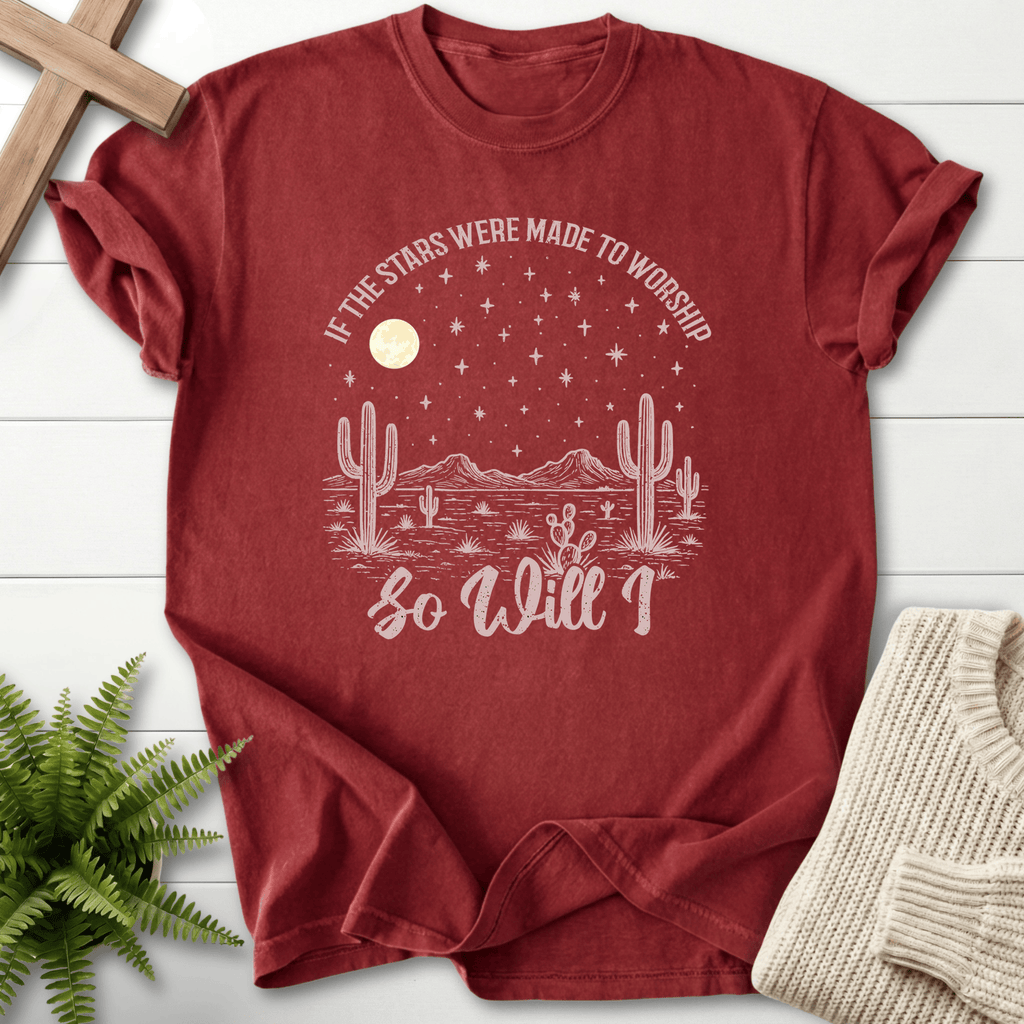 Brick women's Christian t-shirt with grunge-style typography and a saguaro cactus nighttime design