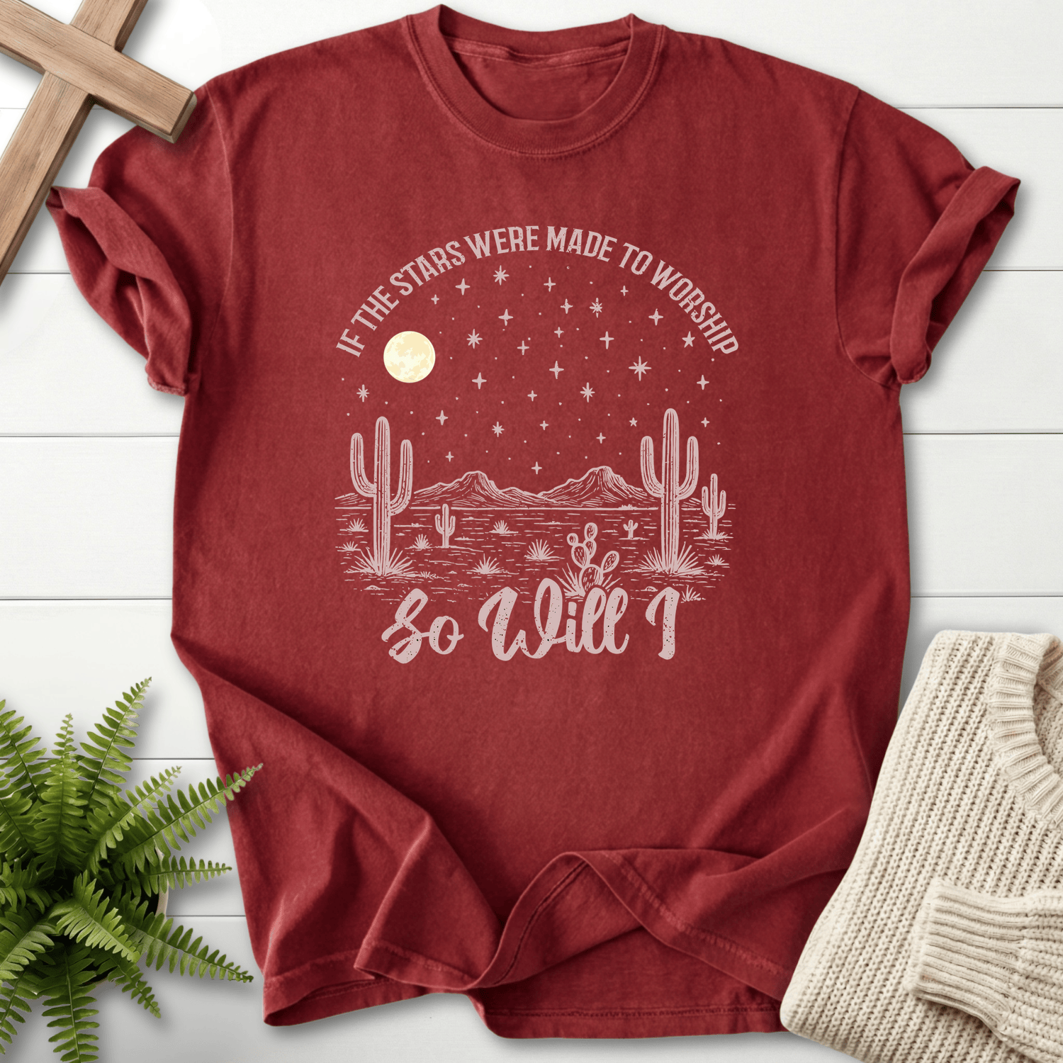 Brick women's Christian t-shirt with grunge-style typography and a saguaro cactus nighttime design