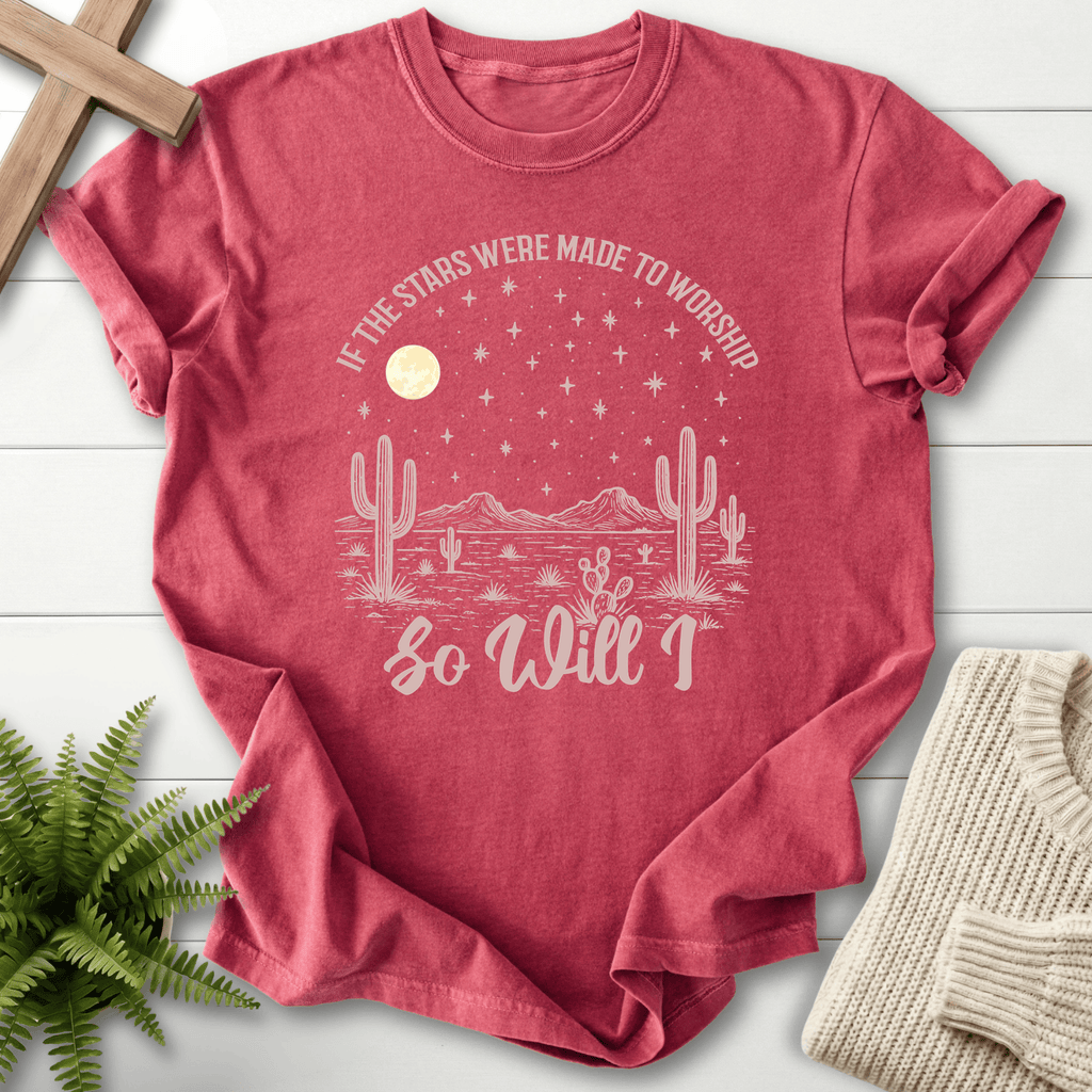 Crimson women's Christian t-shirt with a western desert starfield, cacti, and mountain landscape art