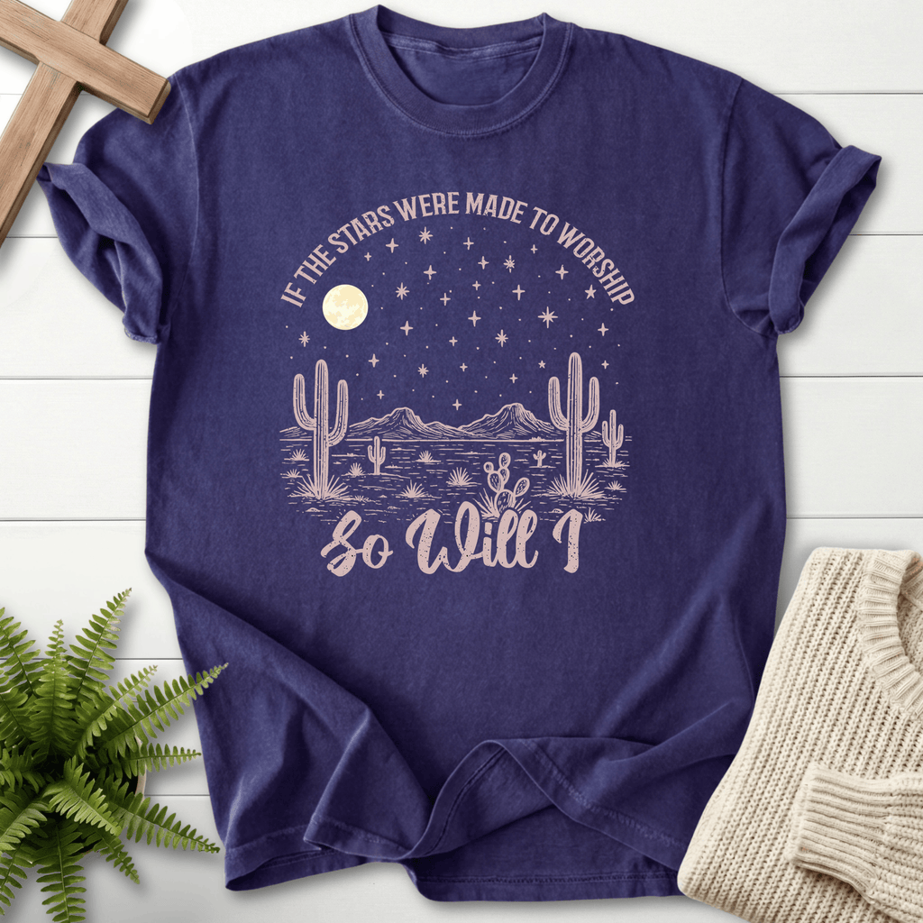 Grape women's Christian t-shirt with desert moon, cactus art, and arched worship lettering above the horizon.