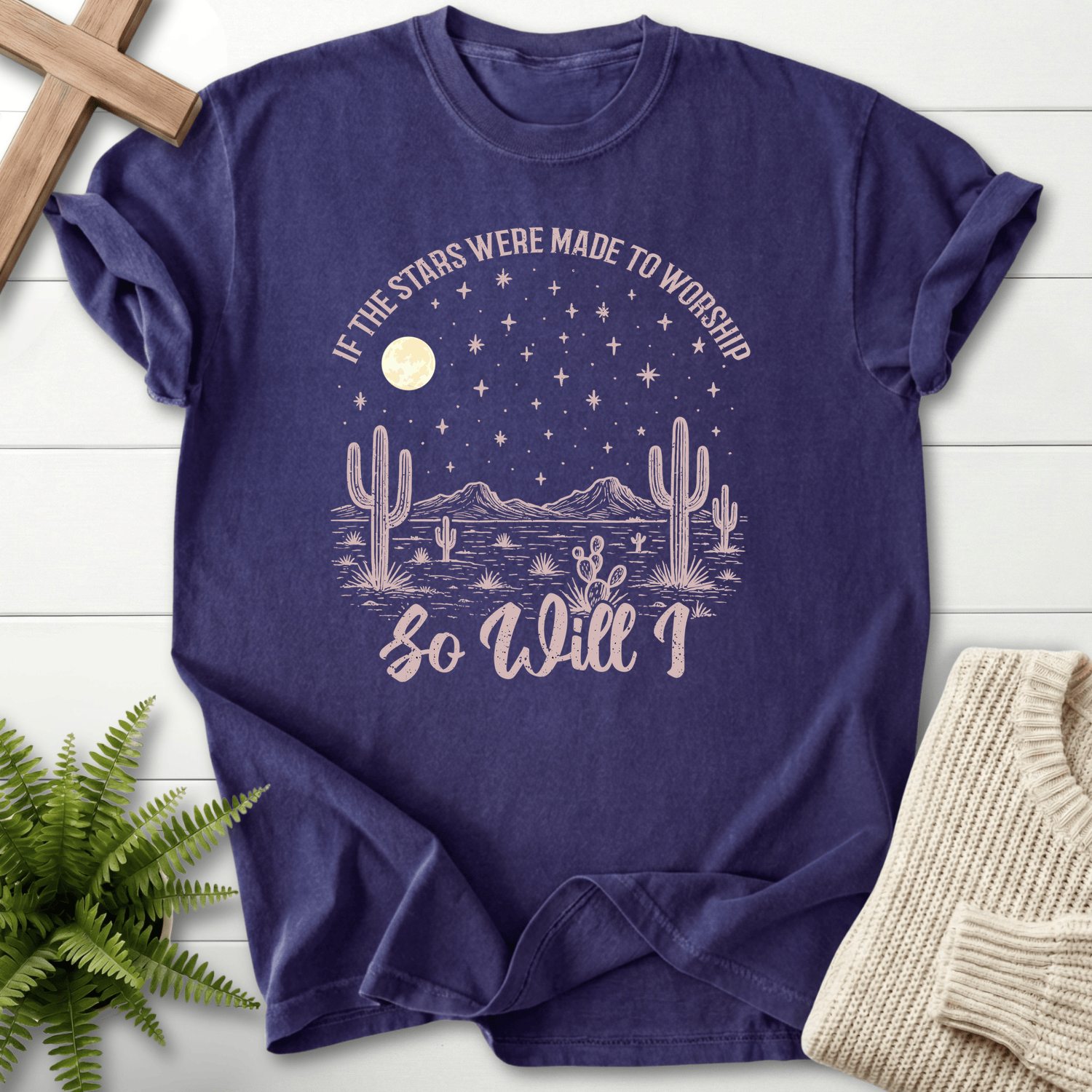 Grape women's Christian t-shirt with desert moon, cactus art, and arched worship lettering above the horizon.