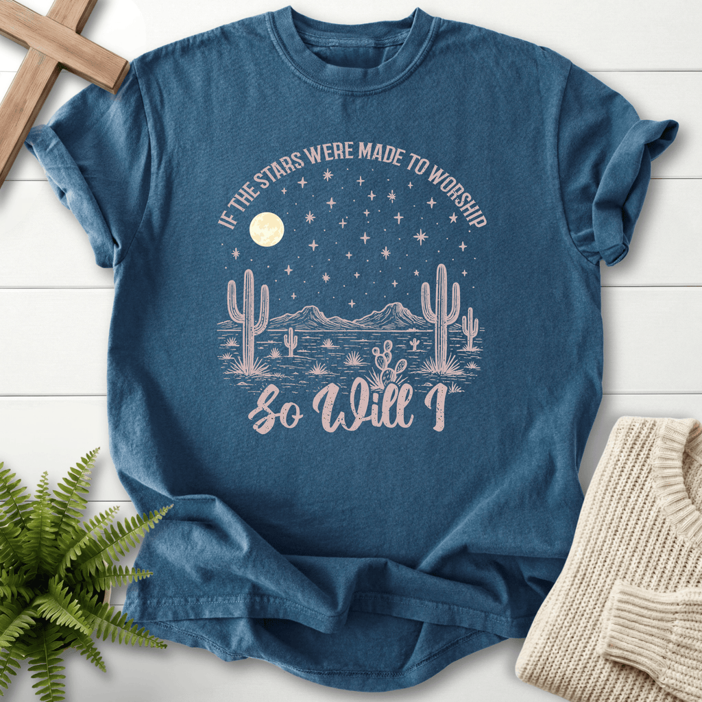 Midnight women's Christian t-shirt with a desert cactus and moon nightscape and arched grunge lettering
