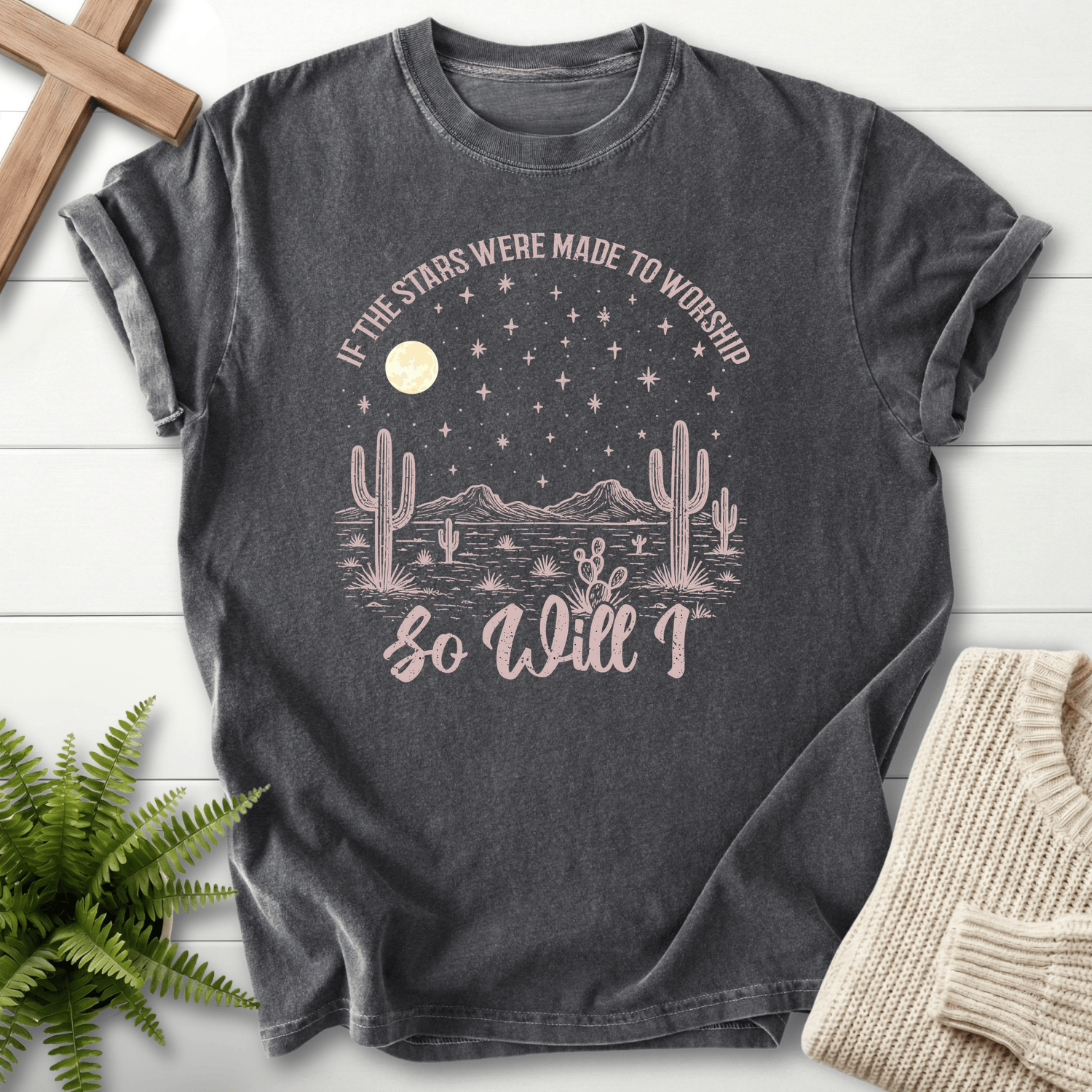 Pepper women's Christian t-shirt with a moonlit desert scene, Comfort Colors 1717