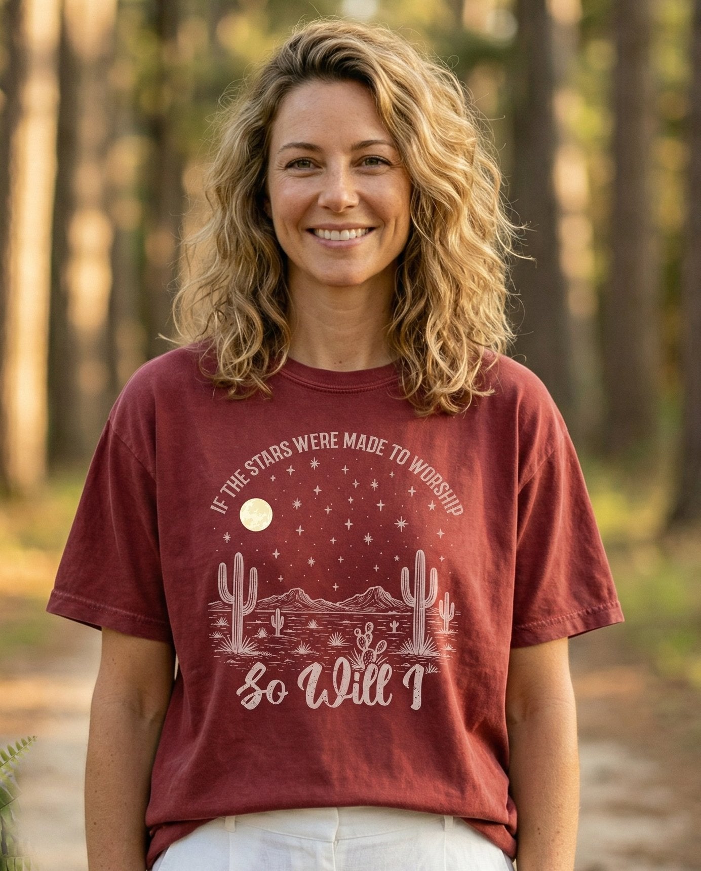 So Will I – Brick women's Christian tee, lifestyle photo in nature trail – Western-inspired desert nightscape with cacti – She Wears Faith