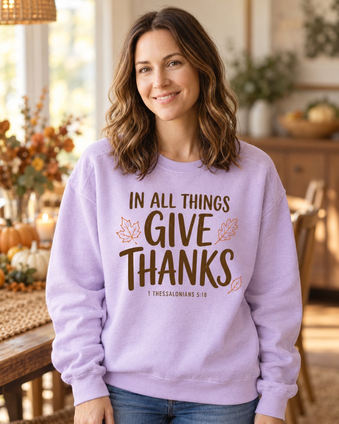 In All Things Give Thanks – Orchid women's Christian sweatshirt, lifestyle photo in cozy autumn harvest setting – Brown IN ALL THINGS GIVE THANKS with autumn leaves – She Wears Faith