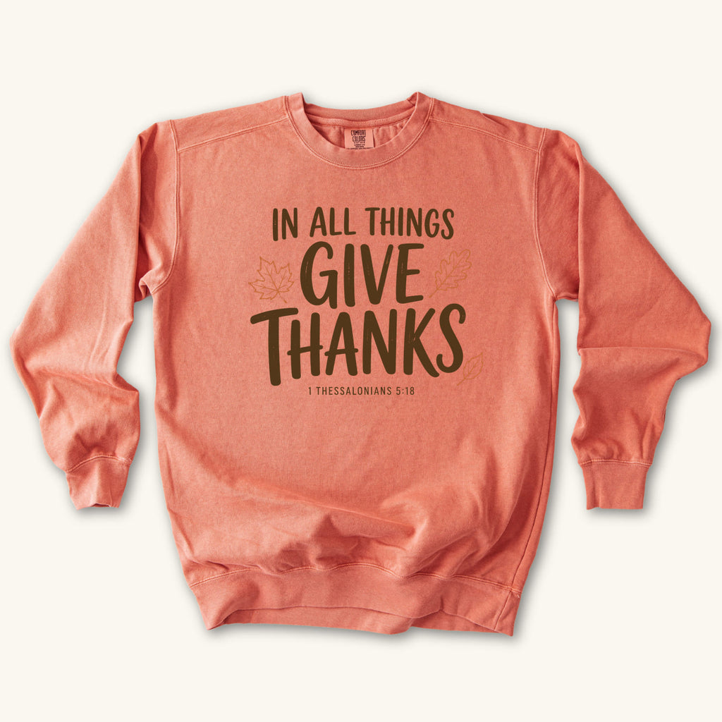 Terracotta In All Things Give Thanks sweatshirt flat lay mockup, 1 Thessalonians 5:18 Christian apparel for women