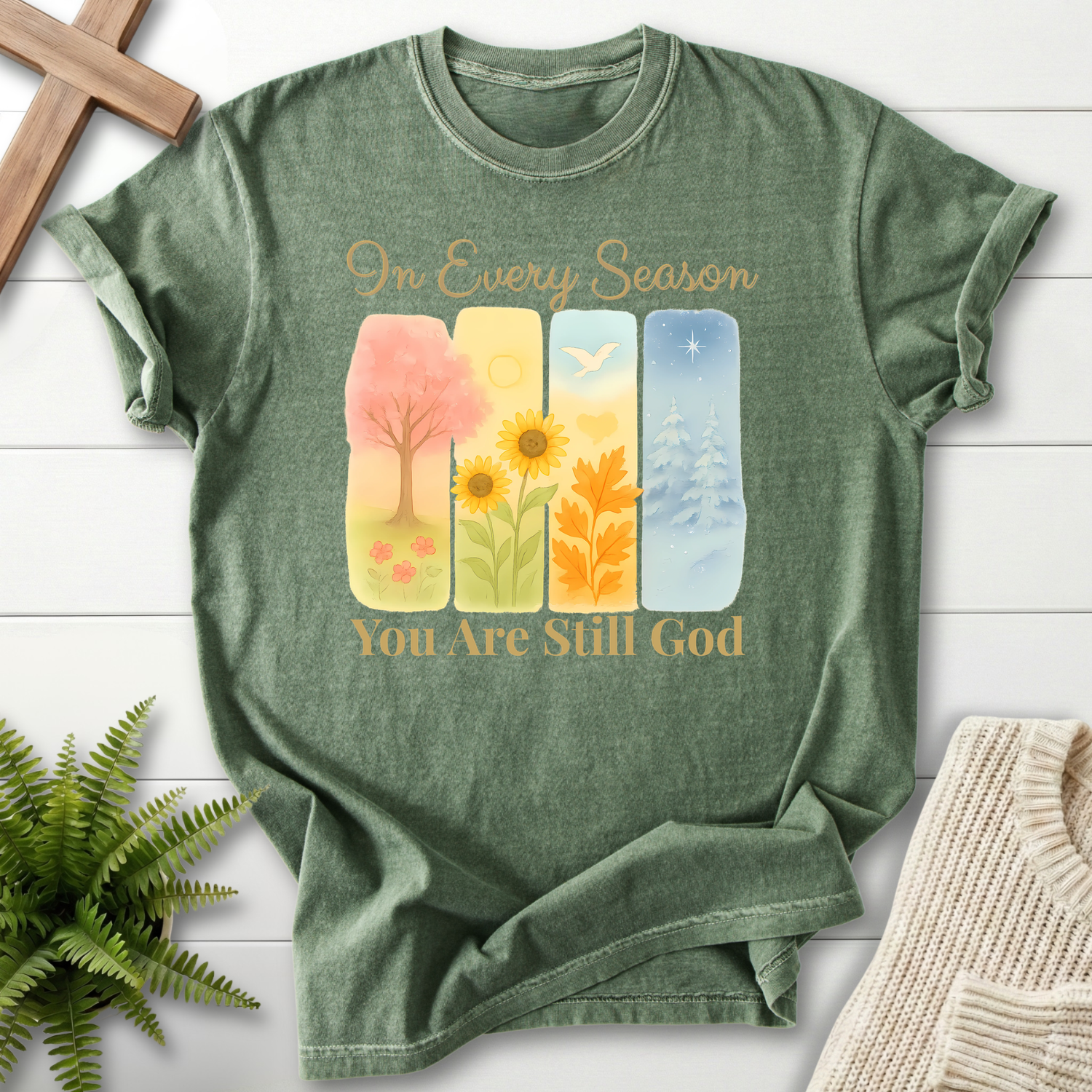 Moss women's Christian t-shirt with nature seasons art and a script-style seasonal design.