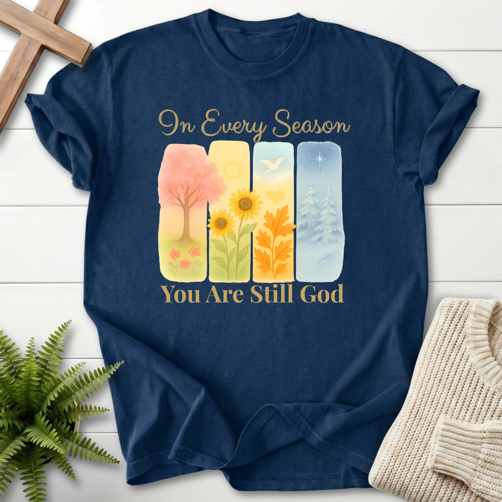 Navy women's Christian t-shirt with spring, sunflower, autumn, and winter illustrated panels