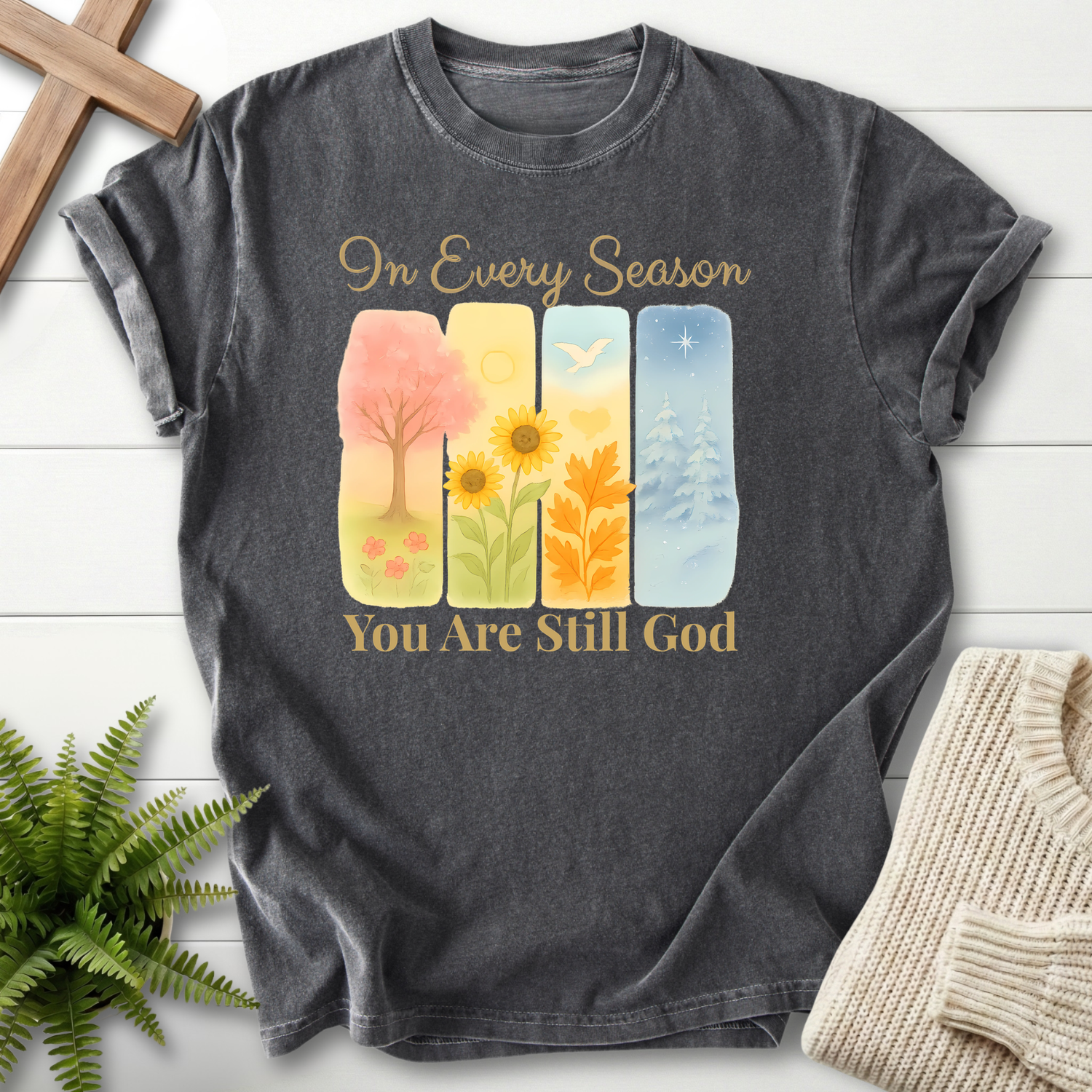 Pepper women's Christian t-shirt with four seasons panel art and script lettering