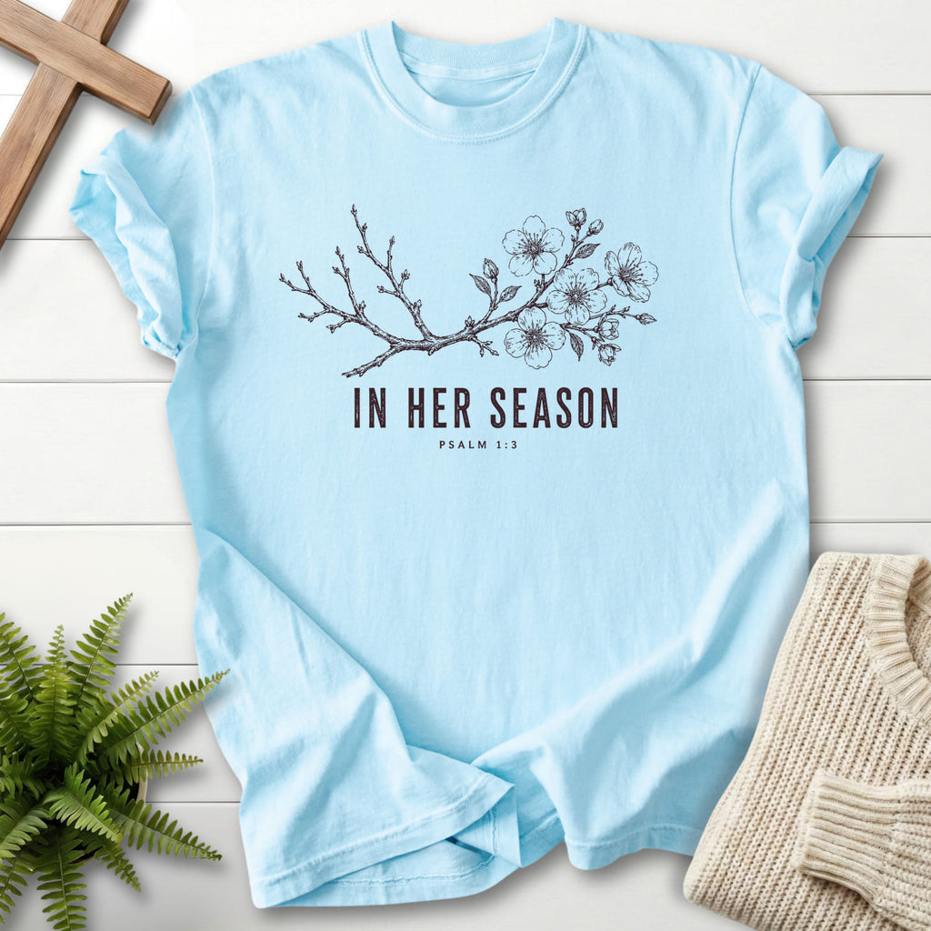 Chambray color option for the In Her Season Christian shirt with flowering branch artwork with "In Her Season T-Shirt" Psalm 1:3.