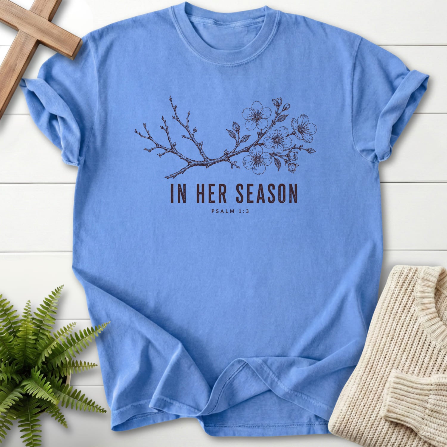 Mystic Blue color option for the In Her Season Scripture shirt with flowering branch artwork with "In Her Season T-Shirt" Psalm 1:3.