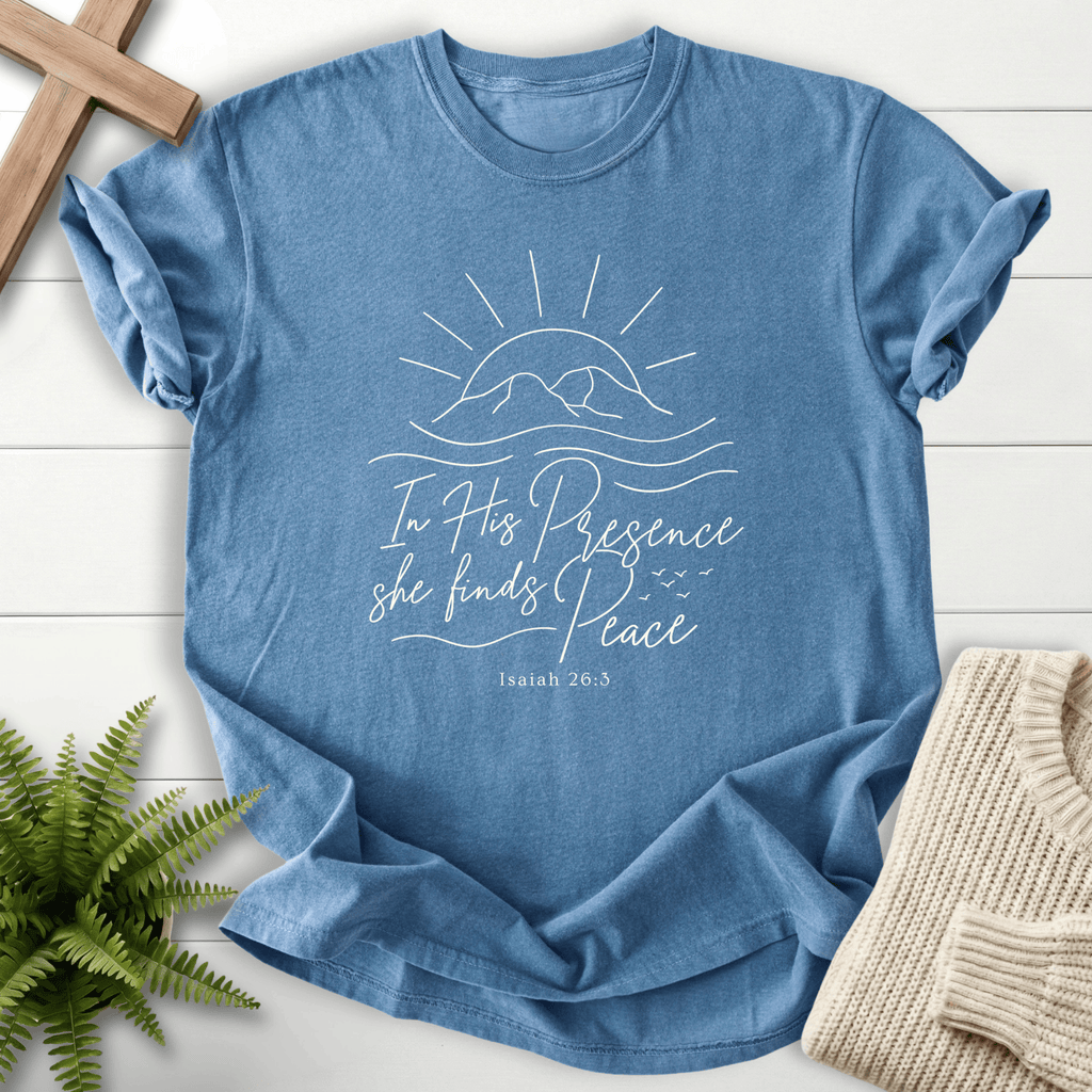 Blue Jean women's Christian t-shirt with elegant script and a radiant sunrise illustration, inspired by Isaiah 26:3.