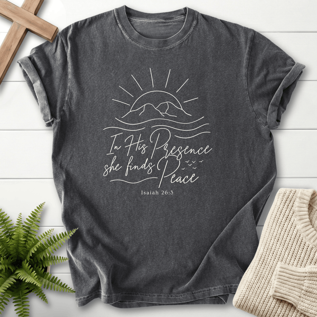 Pepper women's Christian t-shirt with a radiant sun over mountains, inspired by Isaiah 26:3.