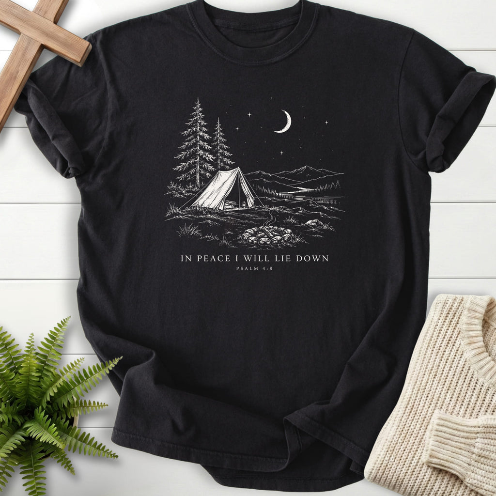 Flat lay of a Black Christian shirt featuring "In Peace I Will Lie Down T-Shirt" This Psalm 4:8.