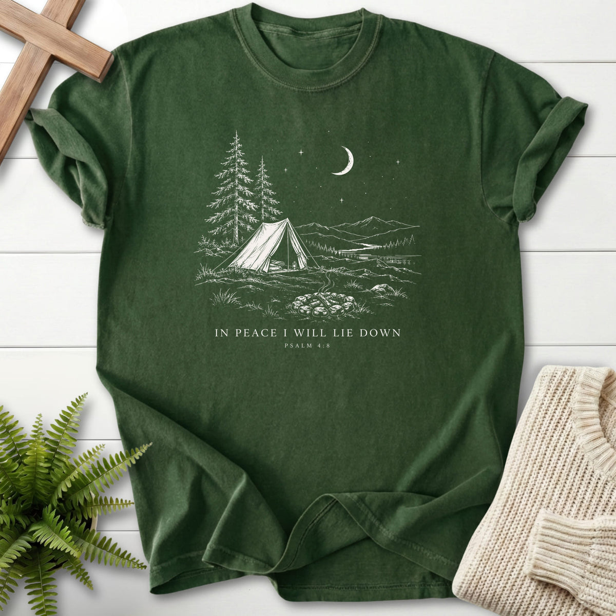 Hemp color option for the In Peace I Will Lie Down faith-based tee with "In Peace I Will Lie Down T-Shirt" This Psalm 4:8.