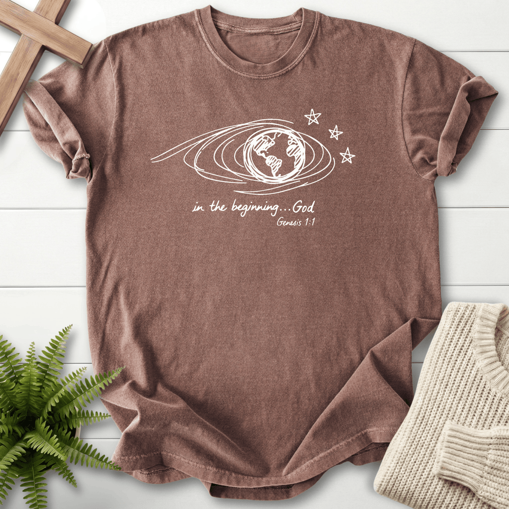 Espresso women's Christian t-shirt with creation art, inspired by Genesis 1:1, She Wears Faith