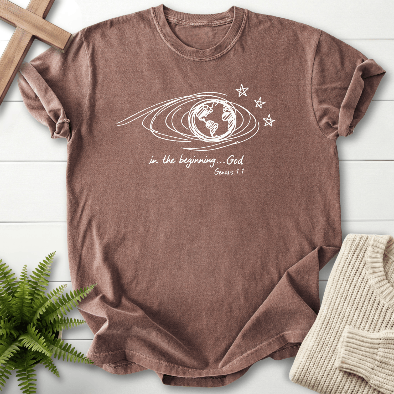 Espresso women's Christian t-shirt with creation art, inspired by Genesis 1:1, She Wears Faith