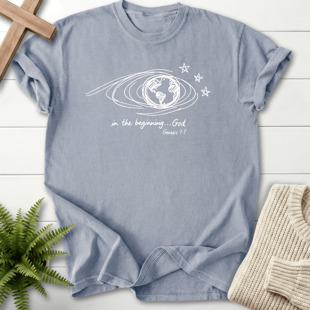 Granite women's Christian t-shirt with a minimalist line-art globe, stars, and cursive script