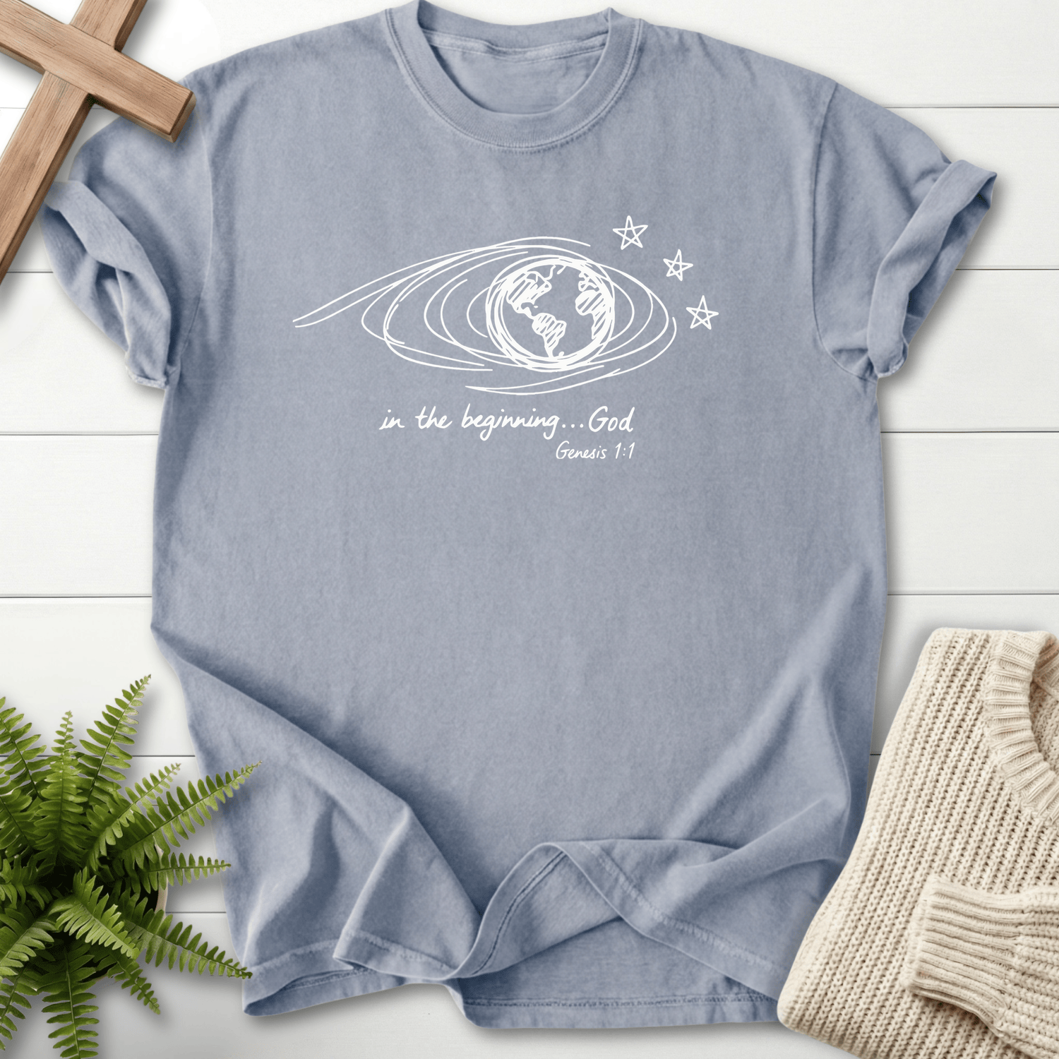 Granite women's Christian t-shirt with a minimalist line-art globe, stars, and cursive script