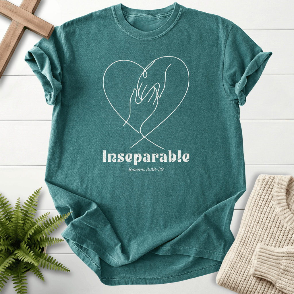 Blue Spruce Christian t-shirt for women with a minimalist heart and interlocking hands design, inspired by Romans 8:38-39.