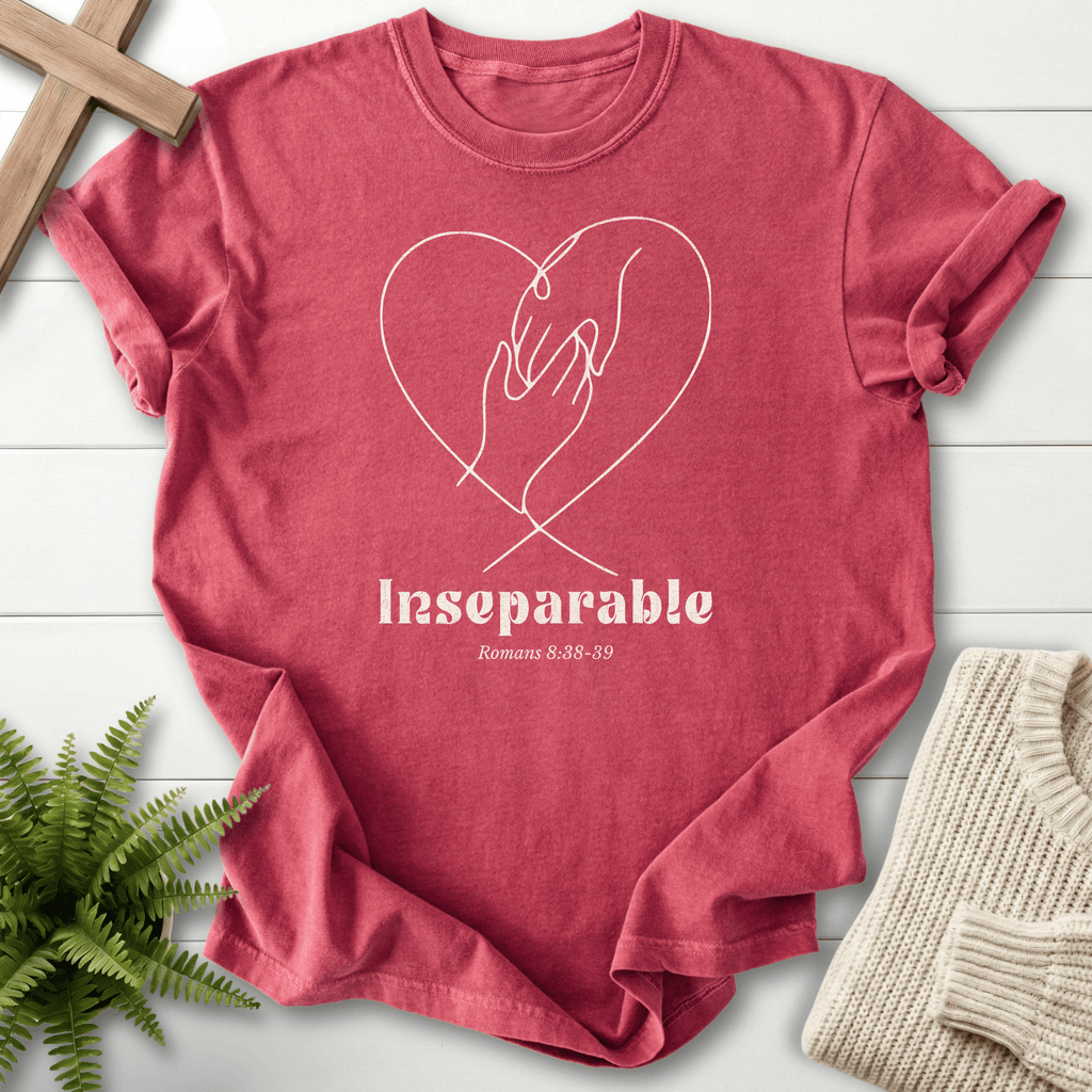 Crimson Christian t-shirt for women with delicate hands inside a heart line illustration, Comfort Colors 1717, inspired by Romans 8:38-39.
