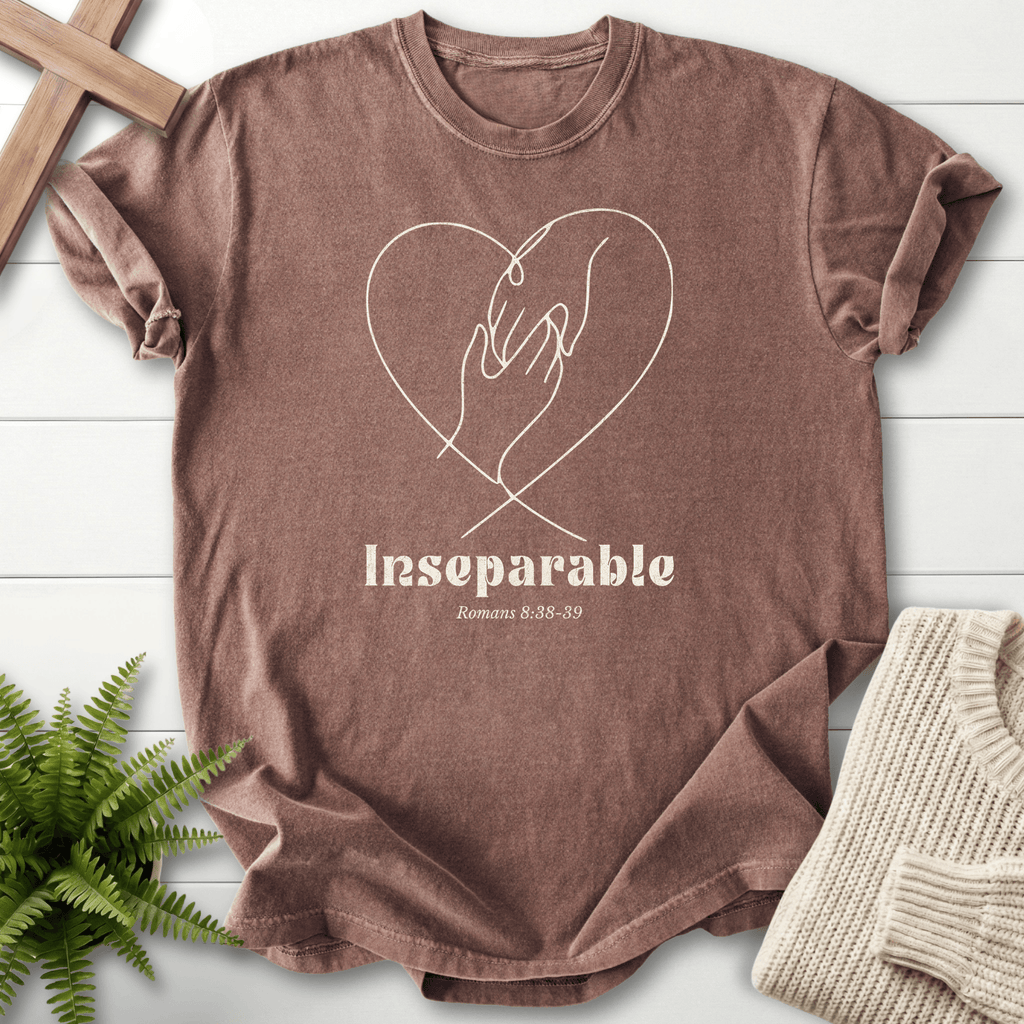 Espresso Christian t-shirt for women with a hands heart motif, inspired by Romans 8:38-39, She Wears Faith.