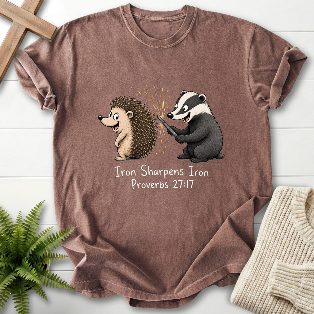 Espresso color option for the Iron Sharpens Iron Proverbs 27 17 faith-based tee with "Iron Sharpens Iron Proverbs 27:17 T-Shirt" Proverbs 27:17.