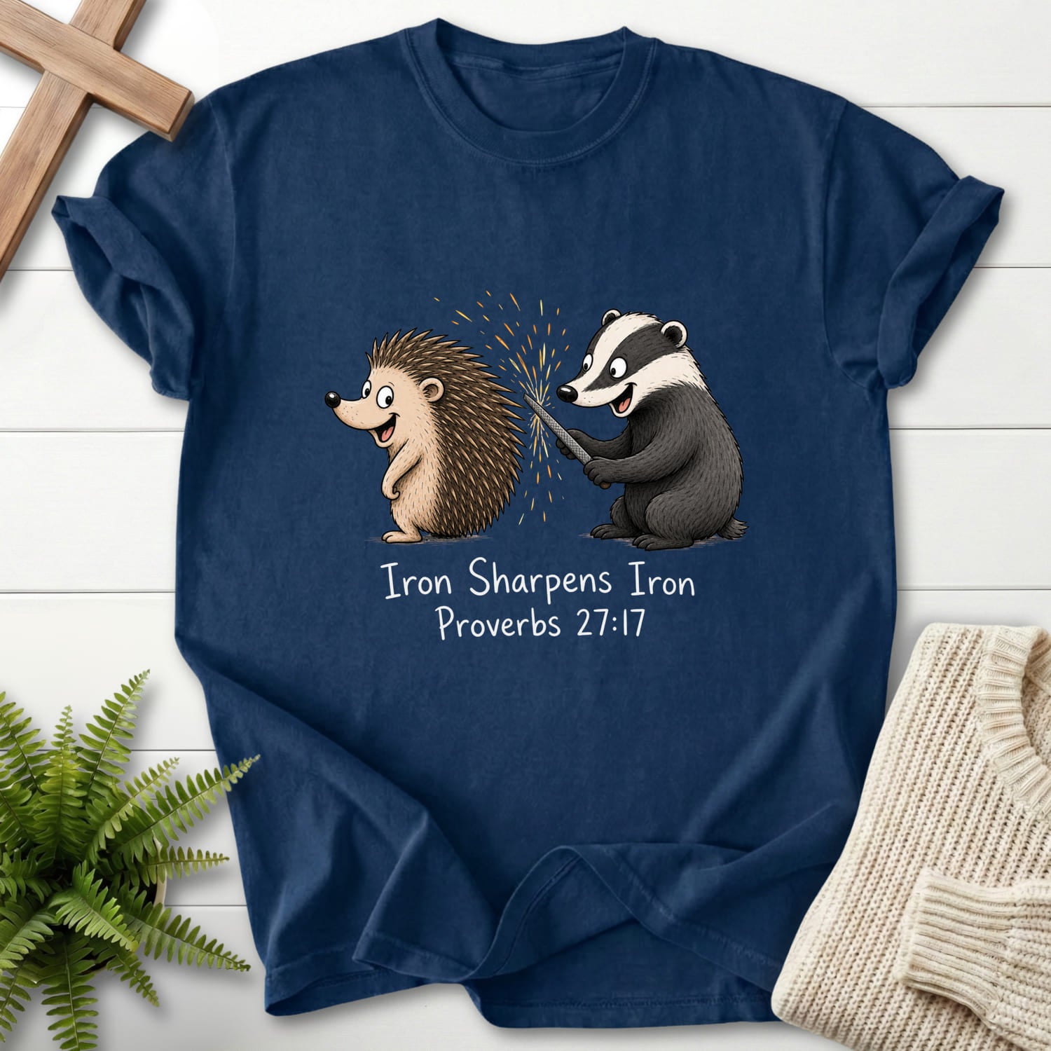Navy color option for the Iron Sharpens Iron Proverbs 27 17 tee with "Iron Sharpens Iron Proverbs 27:17 T-Shirt" Proverbs 27:17 from Printify.
