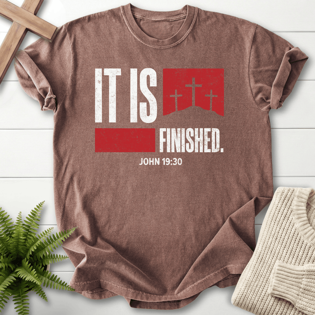 Espresso women's Christian t-shirt with white grunge "It Is Finished" text and a red cross banner, inspired by John 19:30