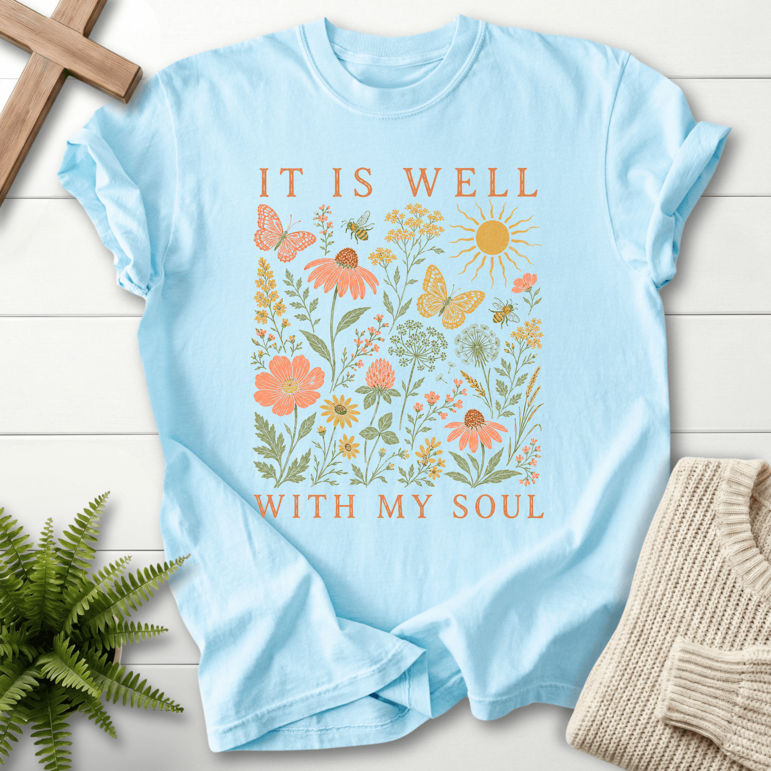 It Is Well Wildflower T-Shirt in Chambray | She Wears Faith