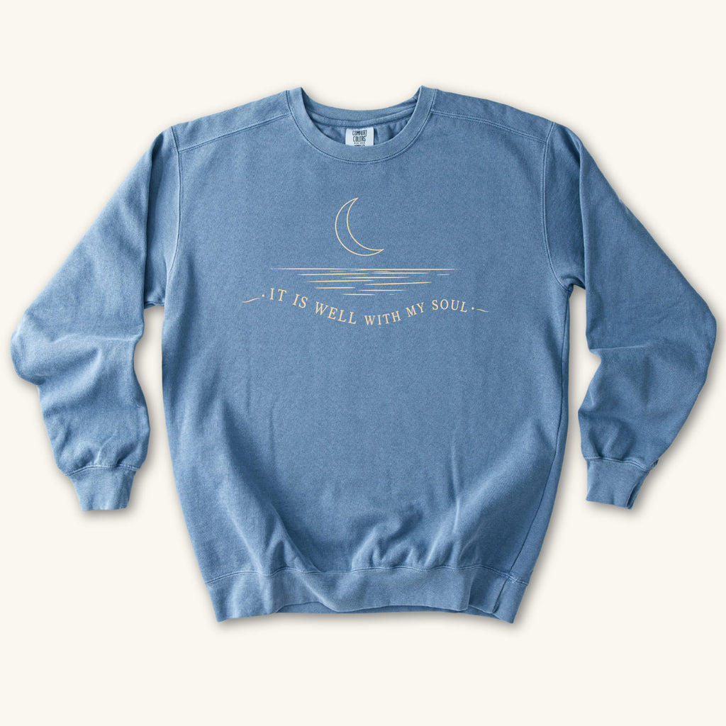 Blue Jean It Is Well With My Soul sweatshirt flat lay mockup, Christian apparel for women