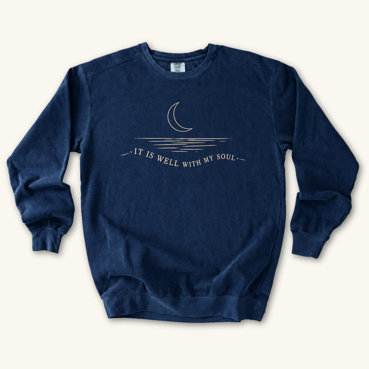 True Navy It Is Well With My Soul sweatshirt flat lay mockup, Christian apparel for women