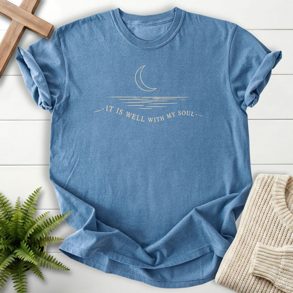 Blue Jean It Is Well With My Soul T-shirt flat lay mockup, Christian apparel for women
