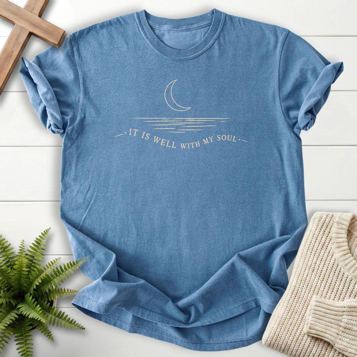 Blue Jean It Is Well With My Soul T-shirt flat lay mockup, Christian apparel for women