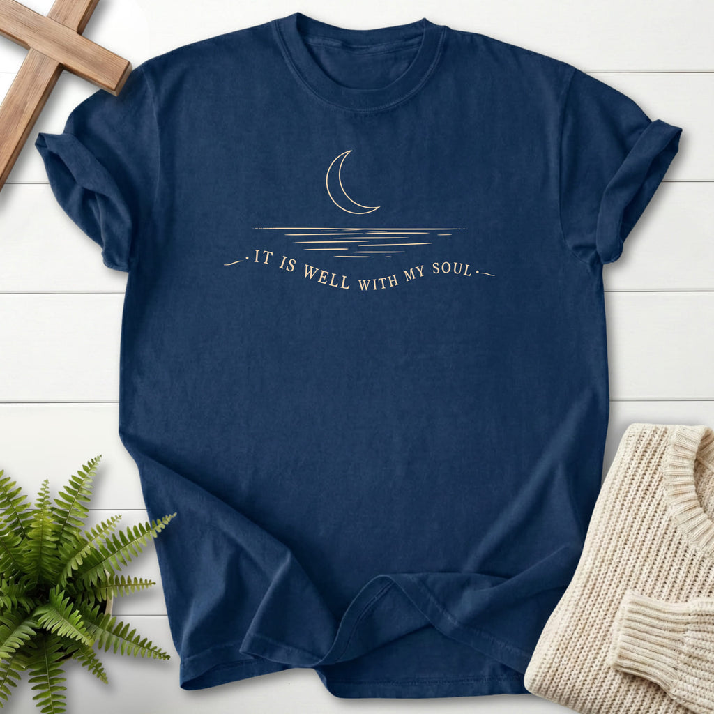 Navy It Is Well With My Soul T-shirt flat lay mockup, Christian apparel for women