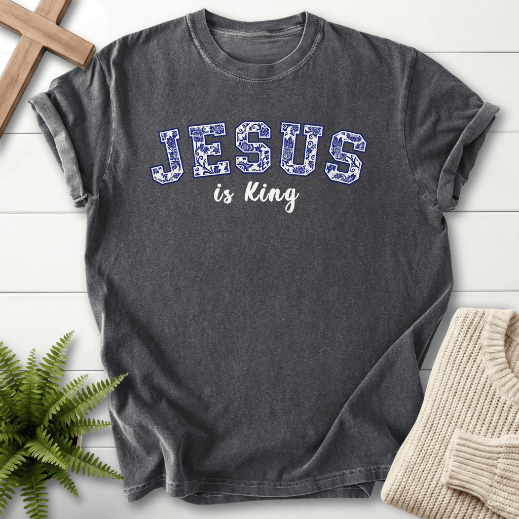 Pepper women's Christian t-shirt with floral varsity "JESUS is King" lettering in blue flower print