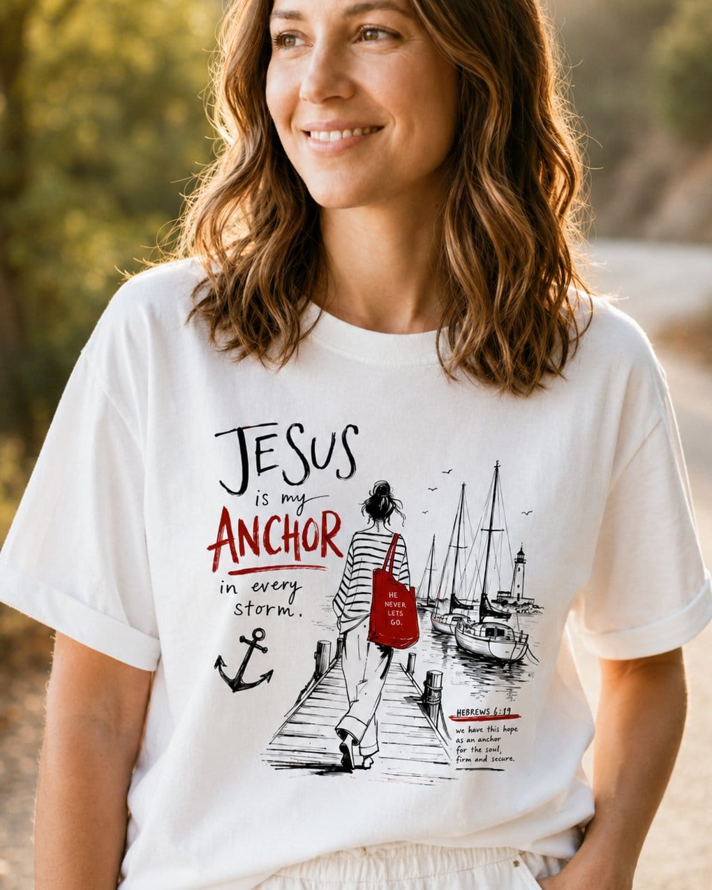 Jesus Is My Anchor Hebrews 6:19 – Bay women's Christian tee, lifestyle photo in nature trail – Illustration of a woman walking a dock toward moored sailboats and a l – Hebrews 6:19 – She Wears Faith
