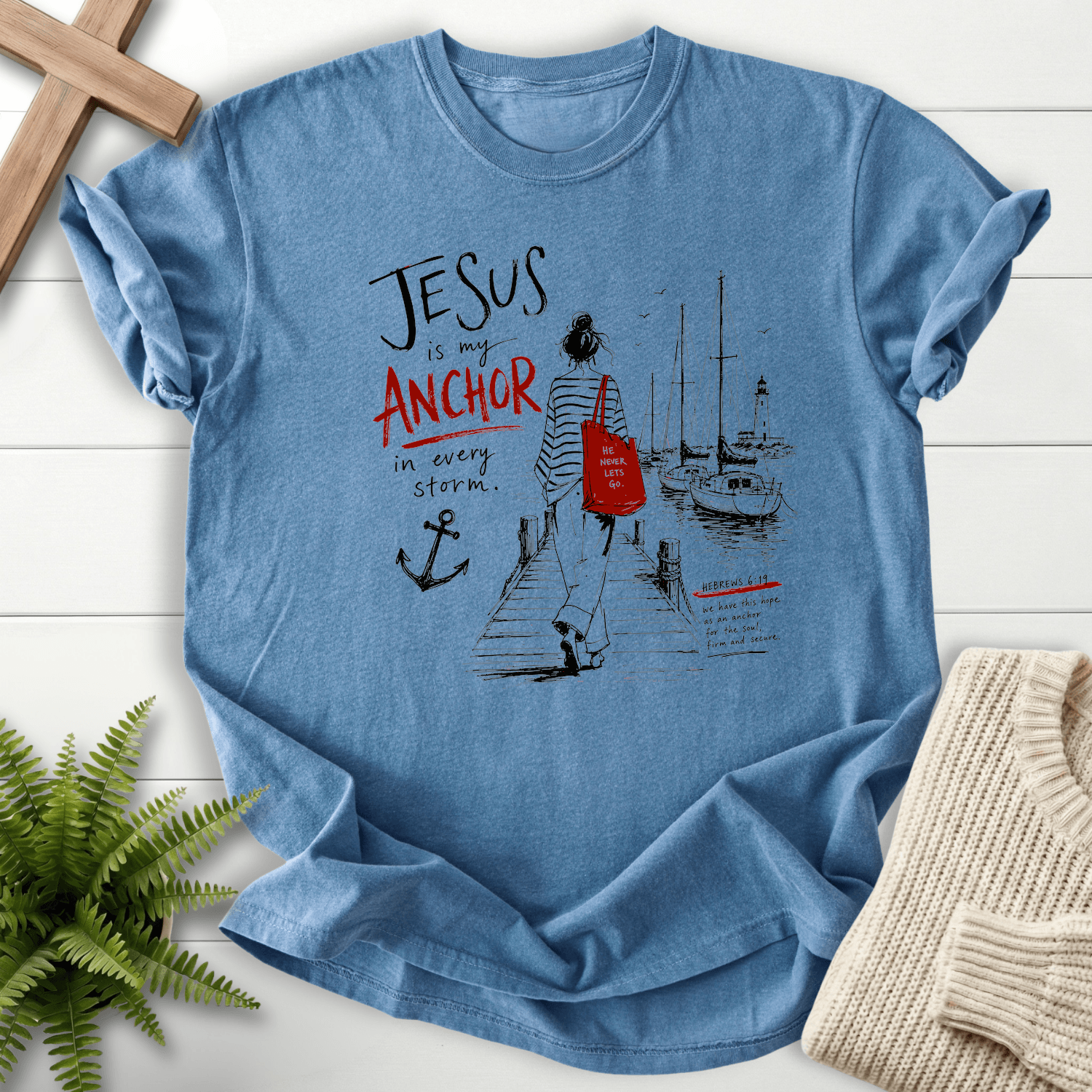 Jesus is my Anchor Hebrew 6:19 T-Shirt in Blue Jean | She Wears Faith