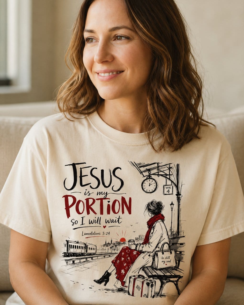 Jesus Is My Portion Lamentations 3:24 – White women's Christian tee, lifestyle photo in cozy living room – Illustration of a woman seated on a train platform bench with a suitca – Lamentations 3:24 – She Wears Faith