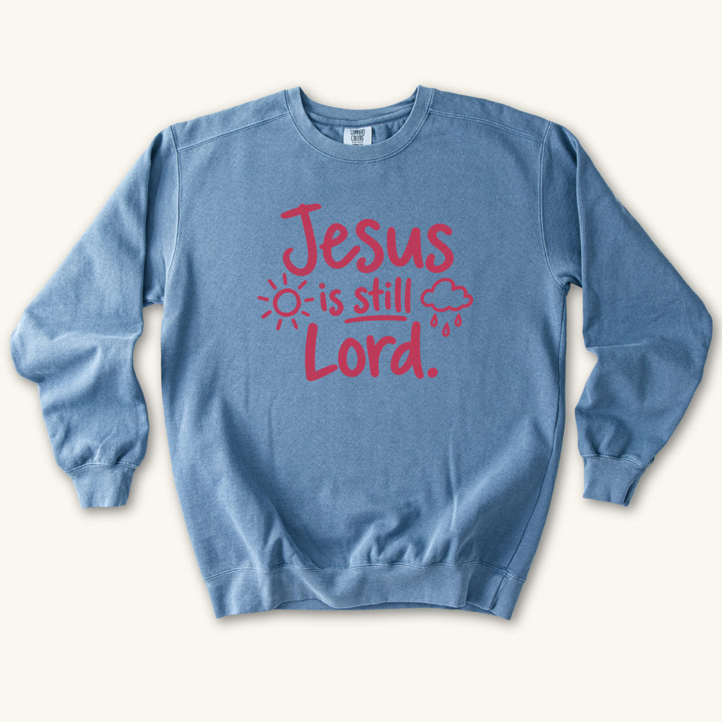 Blue Jean Jesus Is Still Lord sweatshirt flat lay mockup, Christian apparel for women