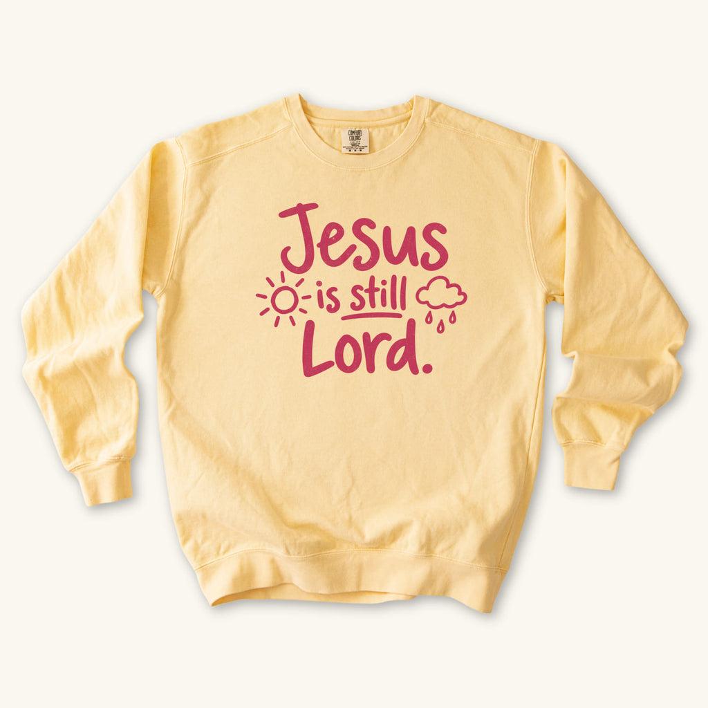 Butter Jesus Is Still Lord sweatshirt flat lay mockup, Christian apparel for women