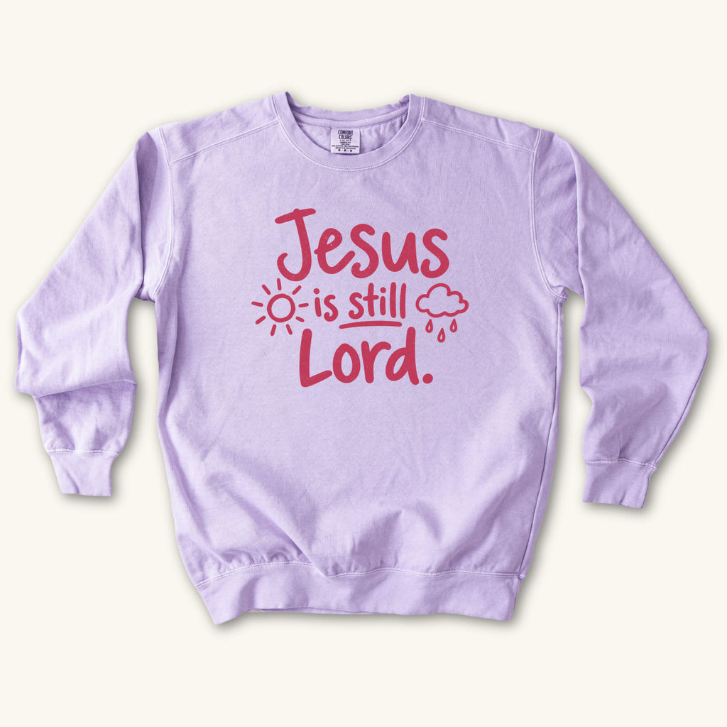 Orchid Jesus Is Still Lord sweatshirt flat lay mockup, Christian apparel for women