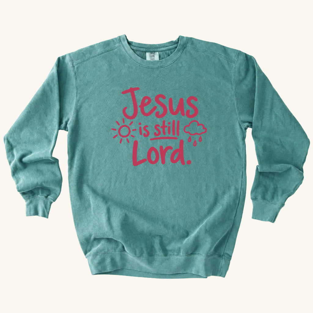 Seafoam Jesus Is Still Lord sweatshirt flat lay mockup, Christian apparel for women