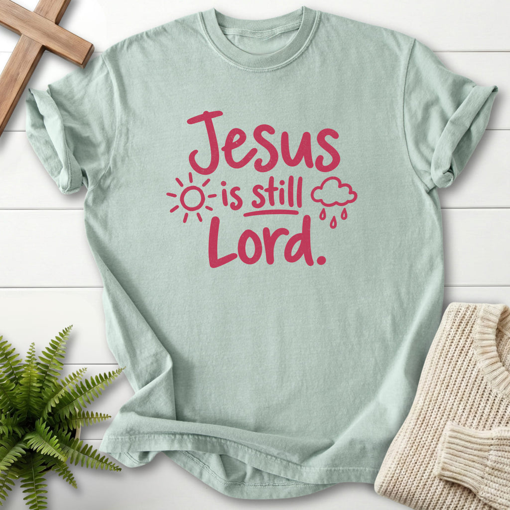 Bay Jesus Is Still Lord T-shirt flat lay mockup, Christian apparel for women