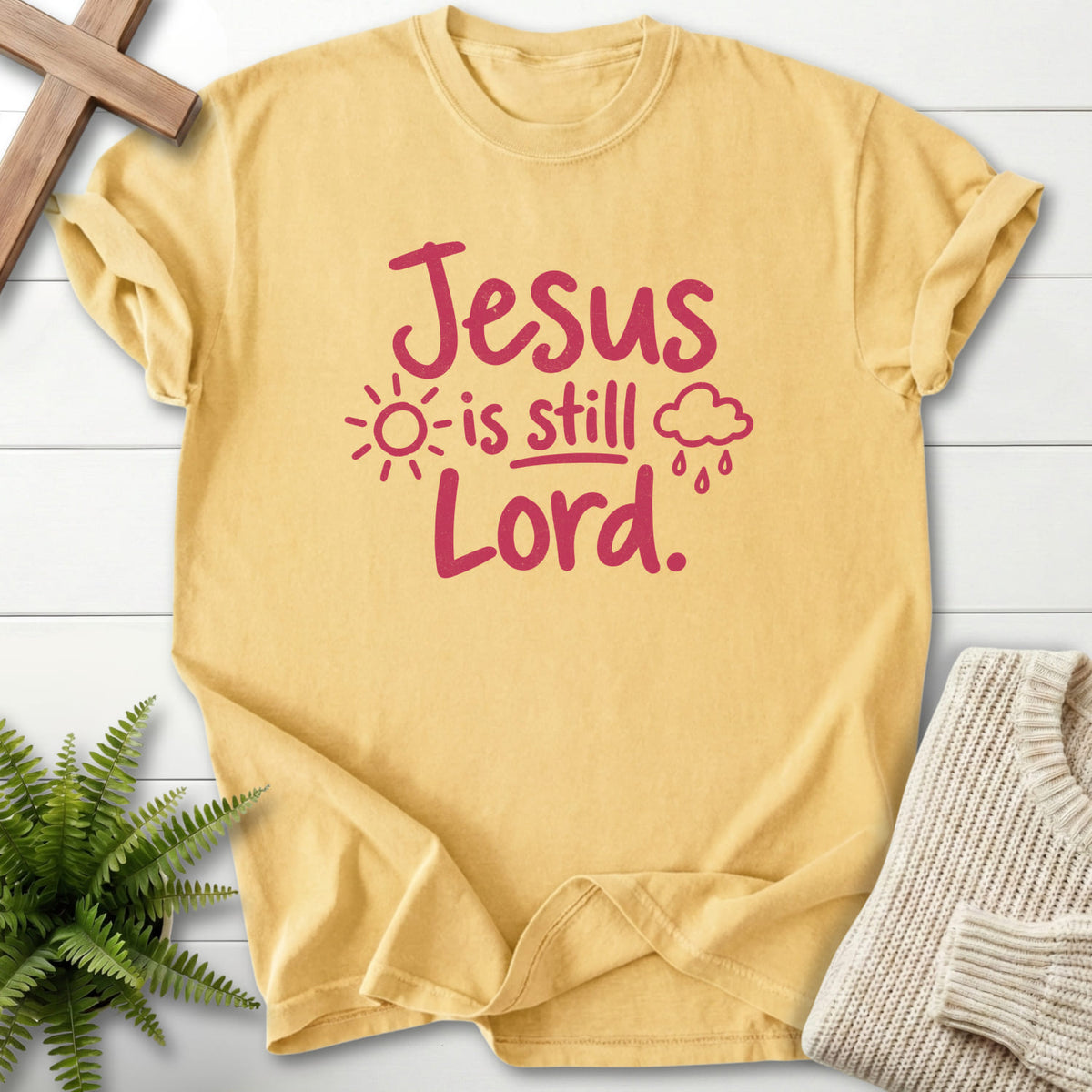 Butter Jesus Is Still Lord T-shirt flat lay mockup, Christian apparel for women