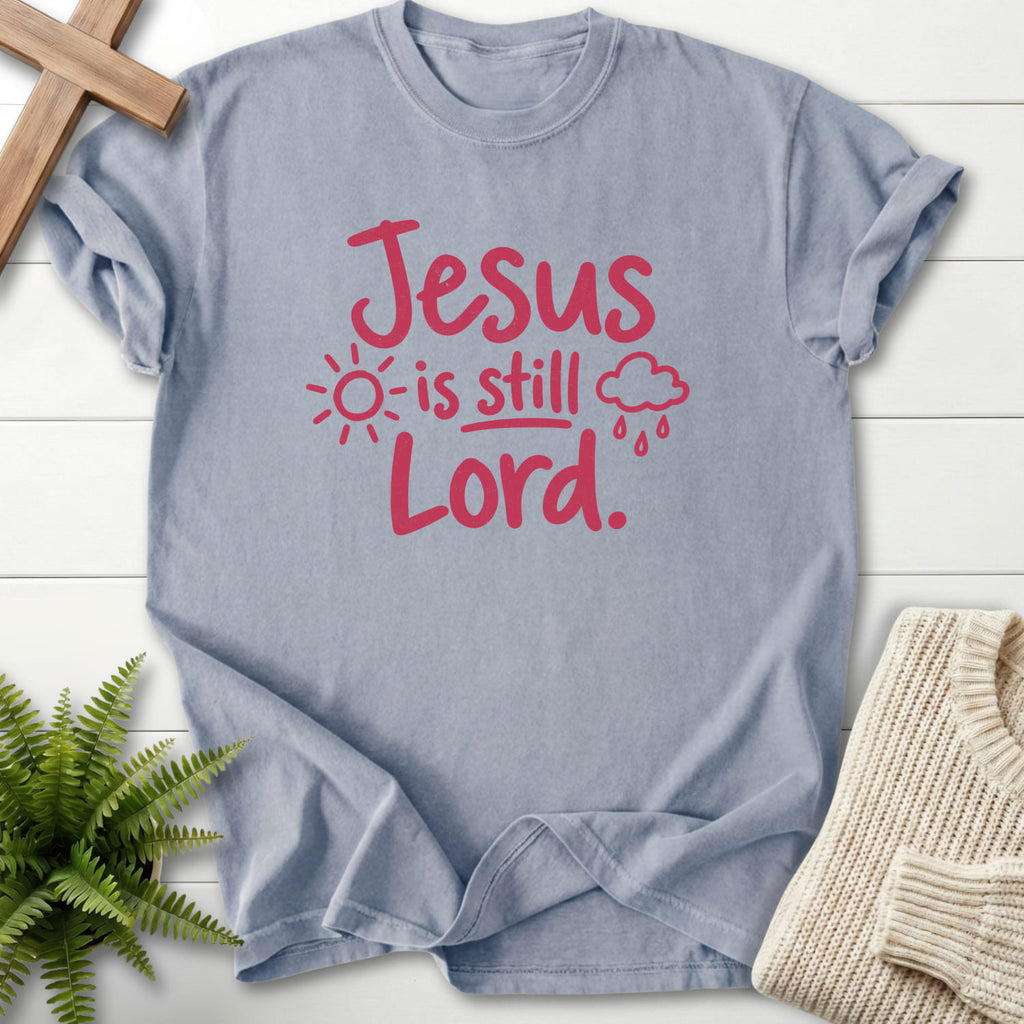 Granite Jesus Is Still Lord T-shirt flat lay mockup, Christian apparel for women