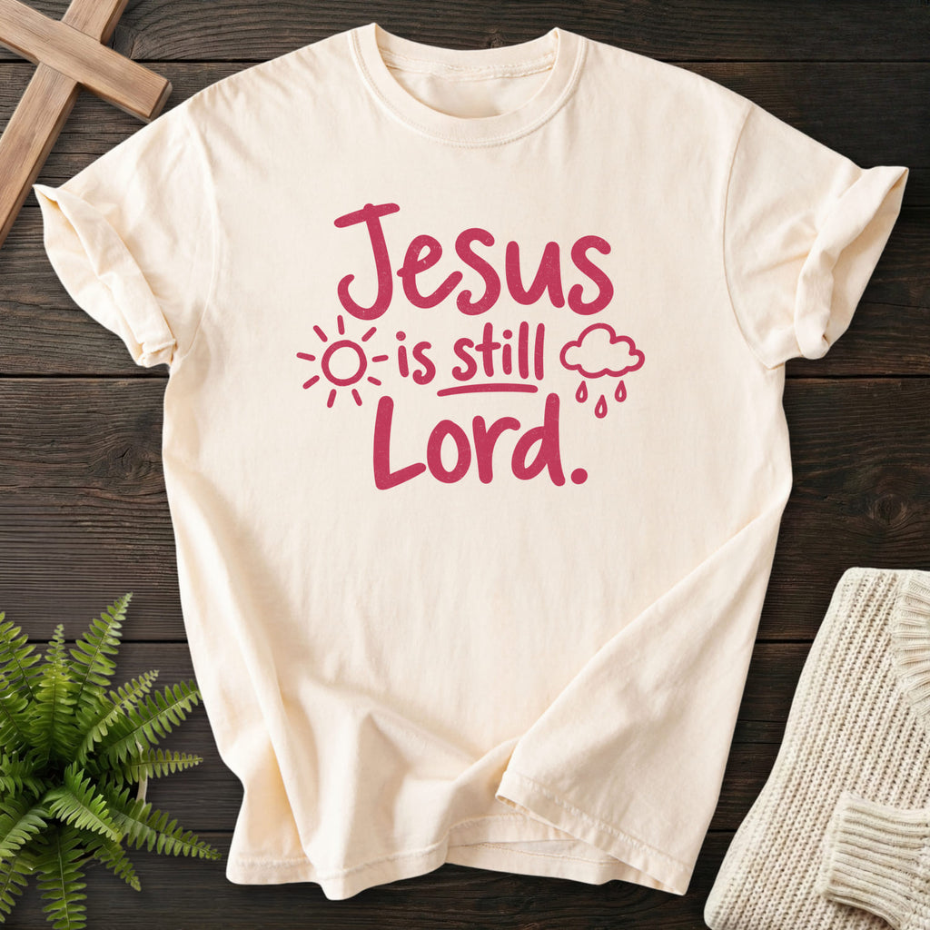 Ivory Jesus Is Still Lord T-shirt flat lay mockup, Christian apparel for women