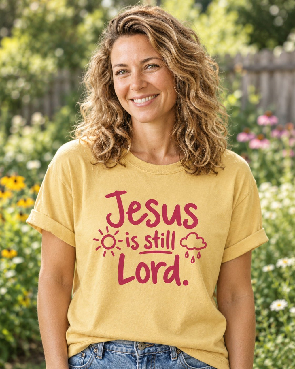 Jesus Is Still Lord, Butter women's Christian tee, lifestyle photo in outdoor garden, Jesus is still Lord lettering with a sun and rain cloud, She Wears Faith